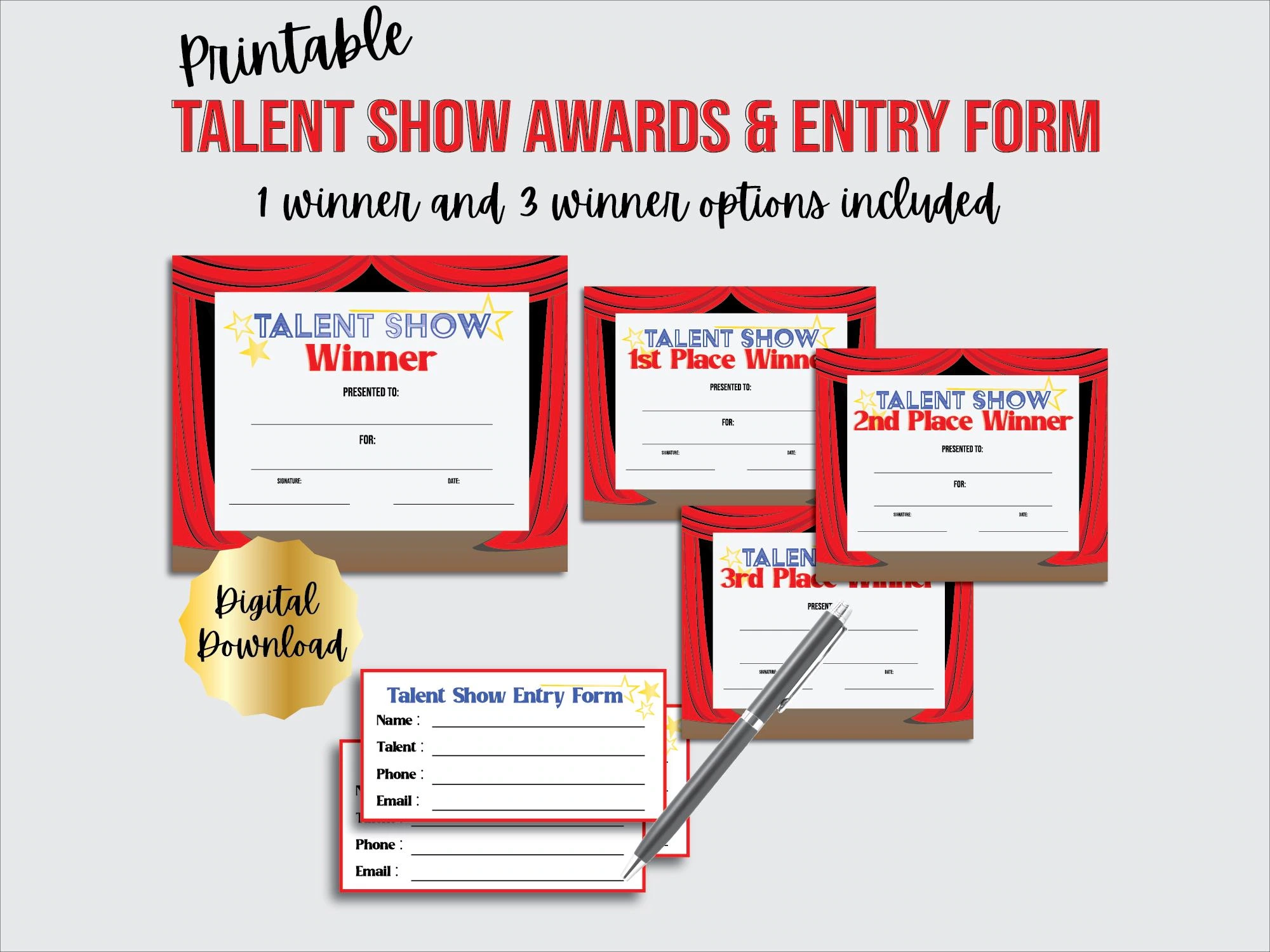 Talent Show Award Certificates And Entry Form For Contest Talent Competition Winner Awards Showcase Contest Awards Printable Etsy