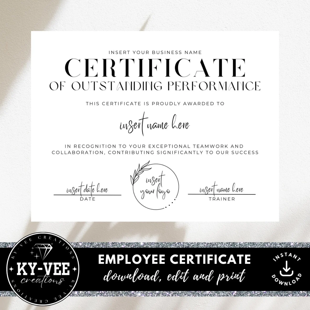 Template For Certificate Of Outstanding Performance Editable Employee Appreciation Recognition Award Printable Template Minimal Design Etsy