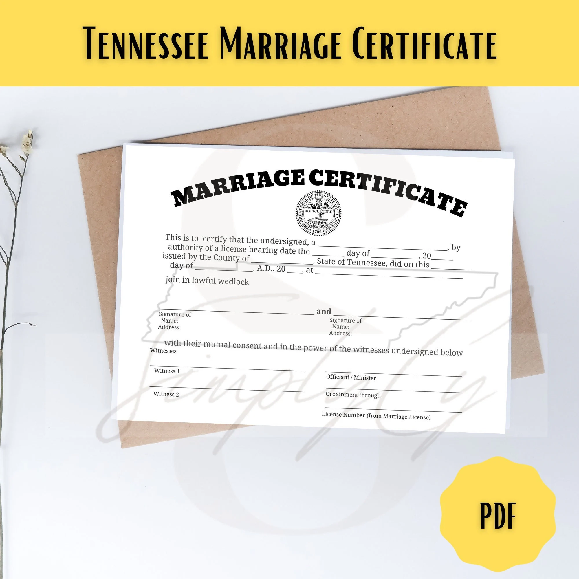 Tennessee Commemorative Marriage Certificate Digital Download Tennessee Wedding Certificate Printable Certificate Digital Certificate Etsy