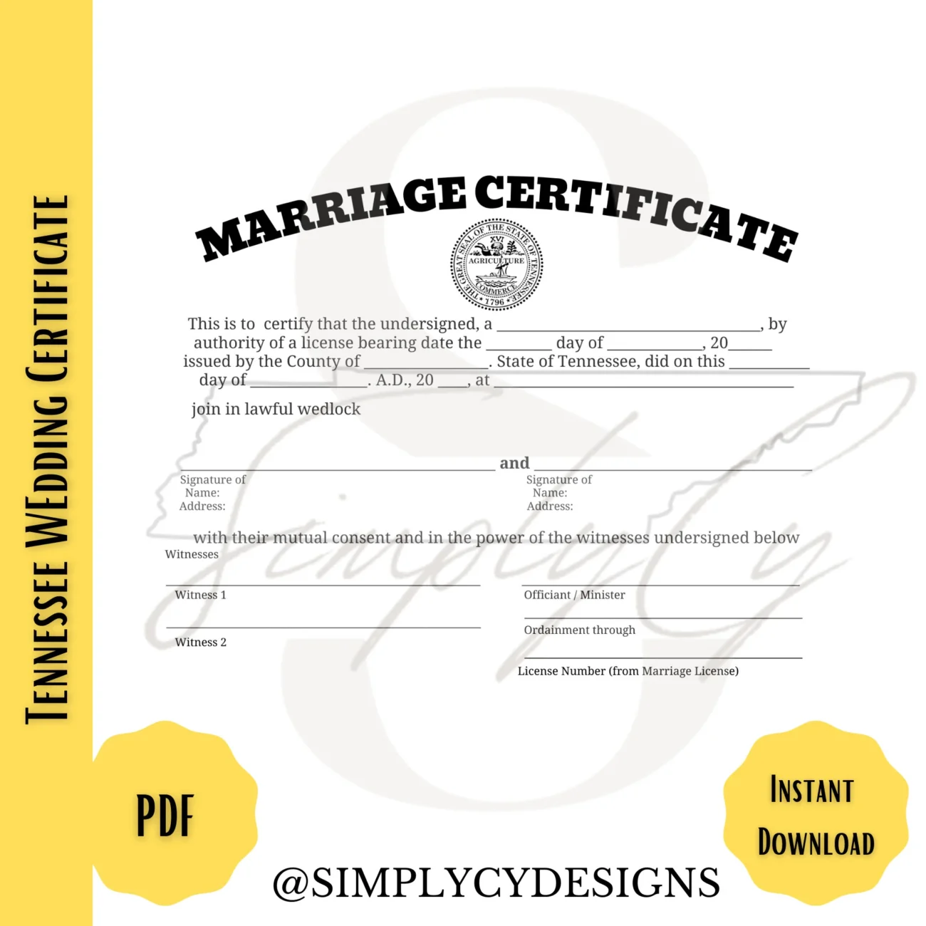 Tennessee Commemorative Marriage Certificate Digital Download Tennessee Wedding Certificate Printable Certificate Digital Certificate Etsy Hong Kong