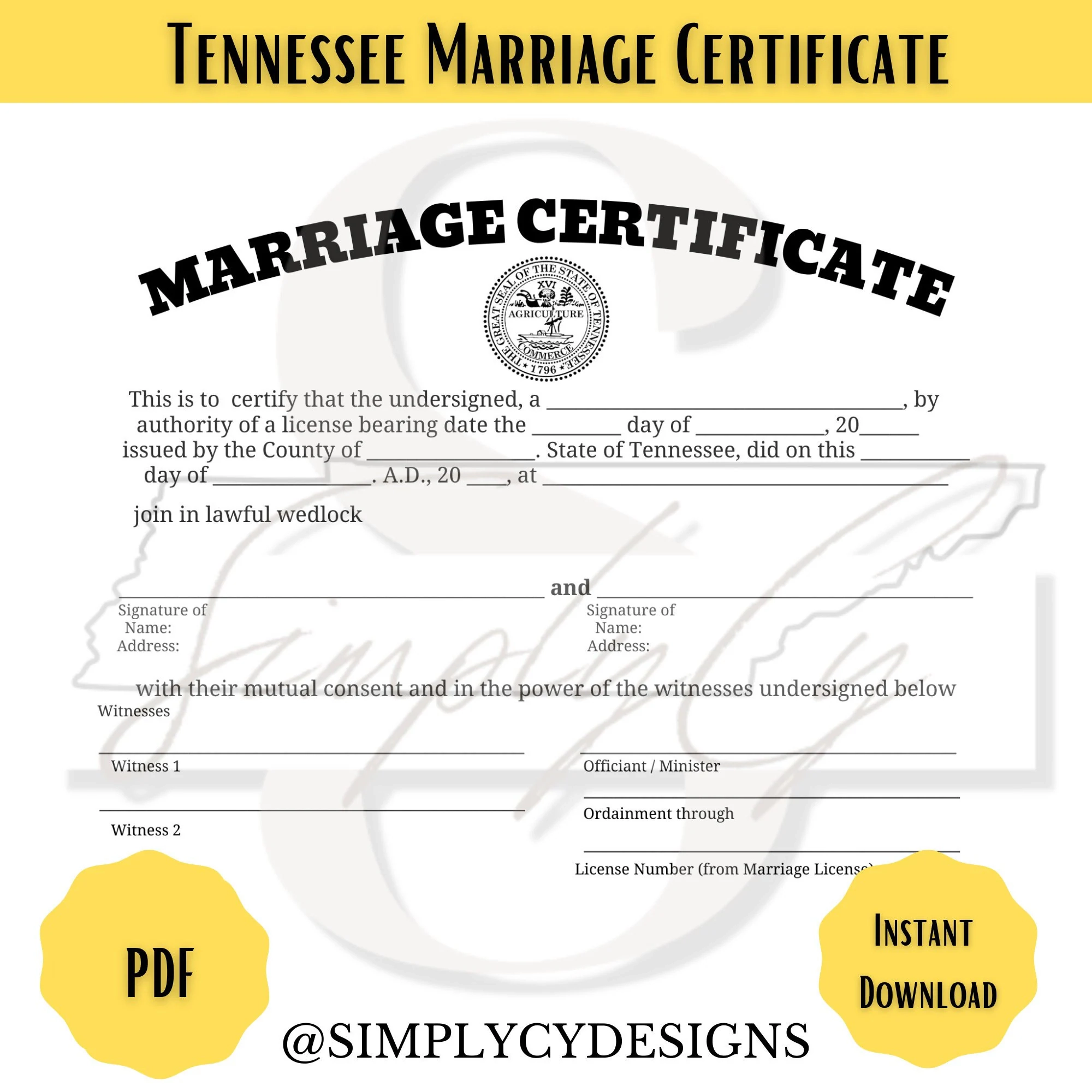 Tennessee Commemorative Marriage Certificate Digital Download Tennessee Wedding Certificate Printable Certificate Digital Certificate Etsy