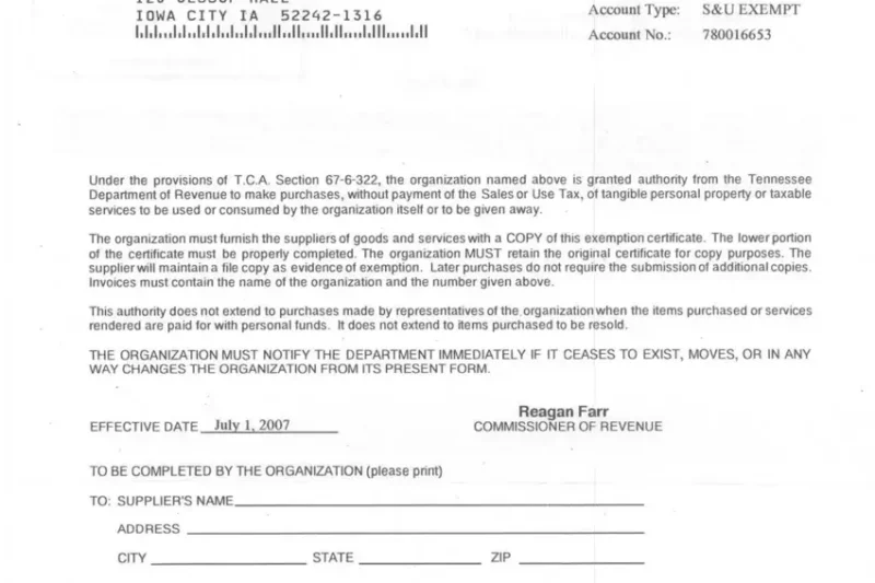 Printable Tax Exempt Certificate