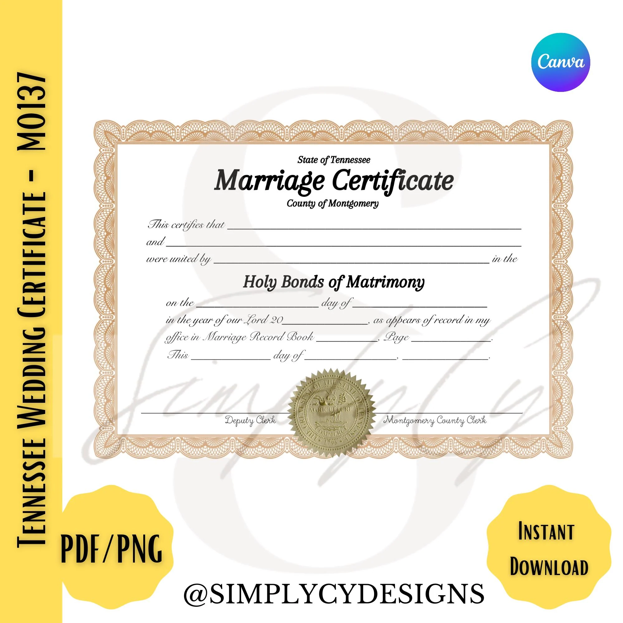 Printable Fake Marriage Certificate Tennessee