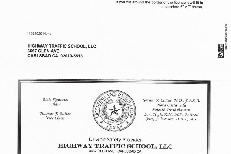 Driving Course Online Texas Printable Certificate