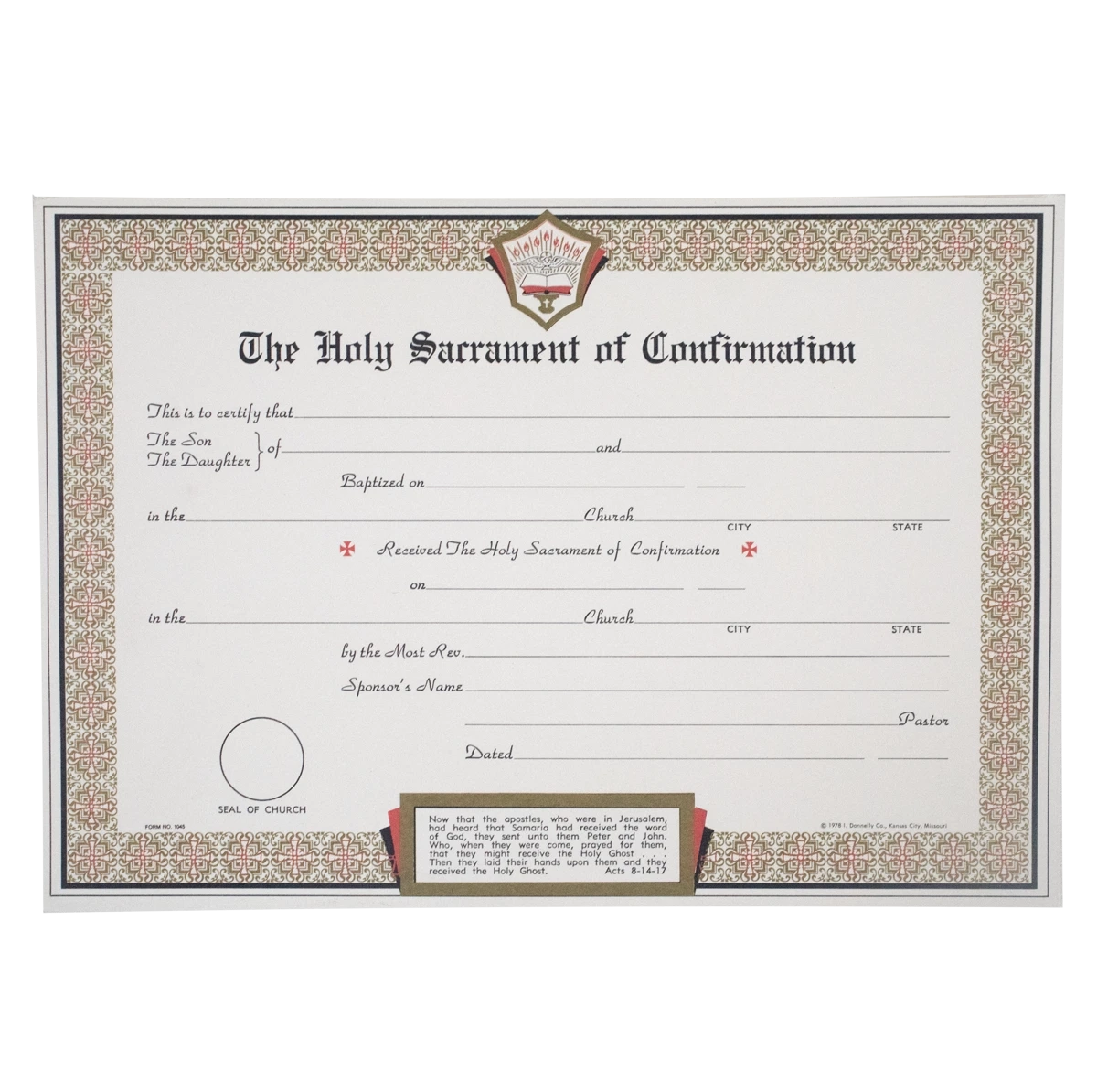 The Holy Sacrament Of Confirmation Certificate Forms 50 Per Pad 1045 F C Ziegler Company The Holy Sacrament Of Confirmation Certificate Forms 50 Per Pad 1045 F C Ziegler Company