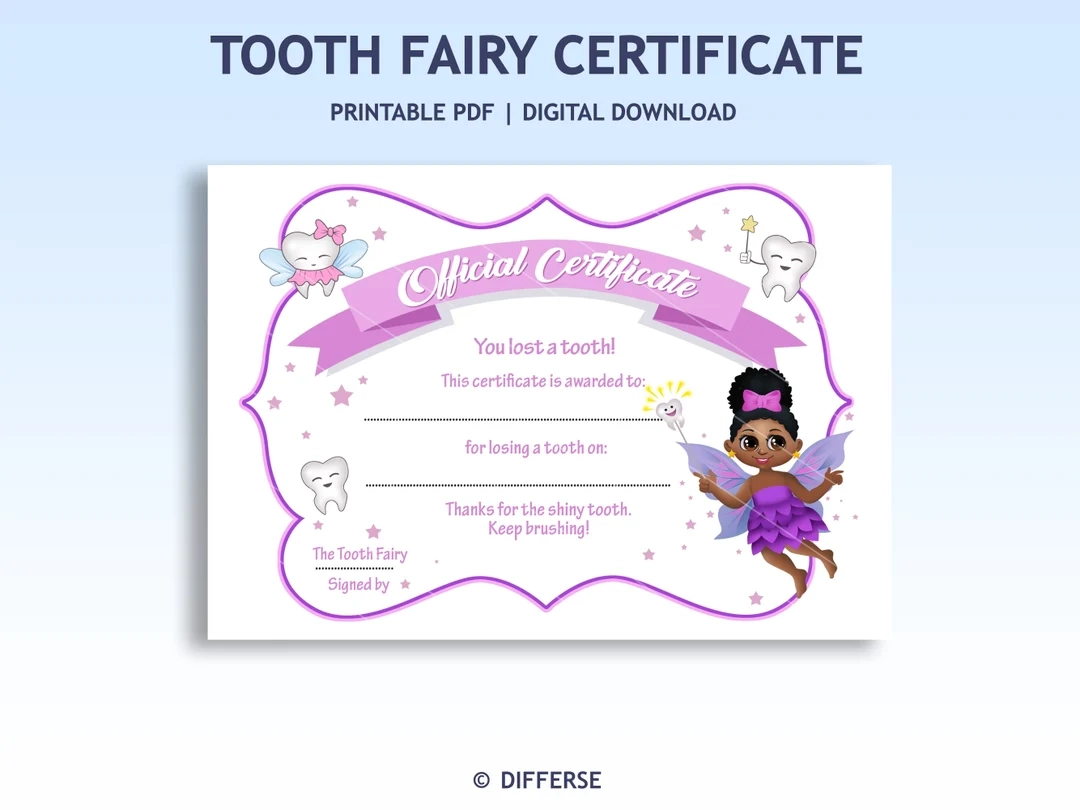 Tooth Fairy Certificate For African American Girls Lost Tooth Tooth Fairy Printable PNG Tooth Fairy Gift Black Fairy Princess PDF Etsy