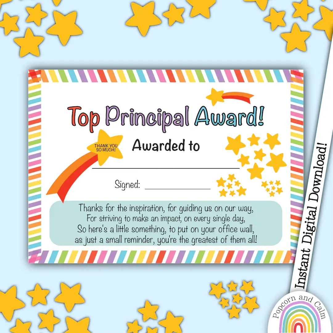 Top Principal Award Thank You Principal Gratitude Certificate Teacher Appreciation Head Teacher Award National Teacher Day Thanks Card Etsy