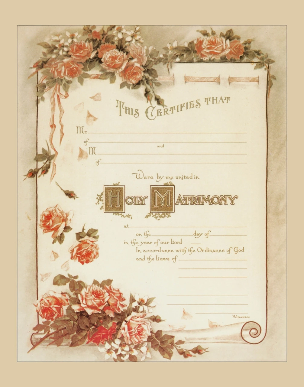 Traditional Marriage Sacrament Certificate With Roses Unframed Catholic To The Max Online Catholic Store