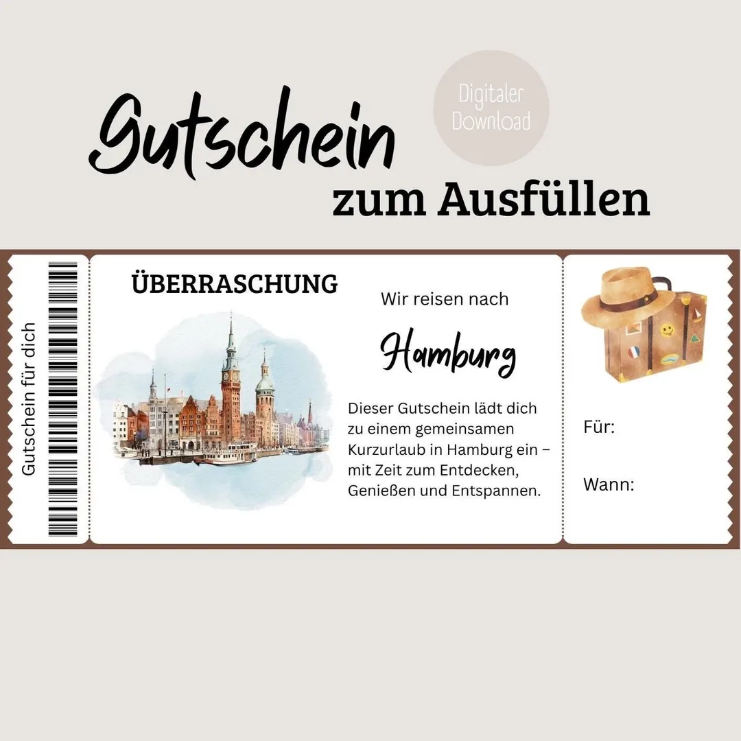 Travel Voucher Hamburg Printable Voucher For An Unforgettable City Trip Etsy