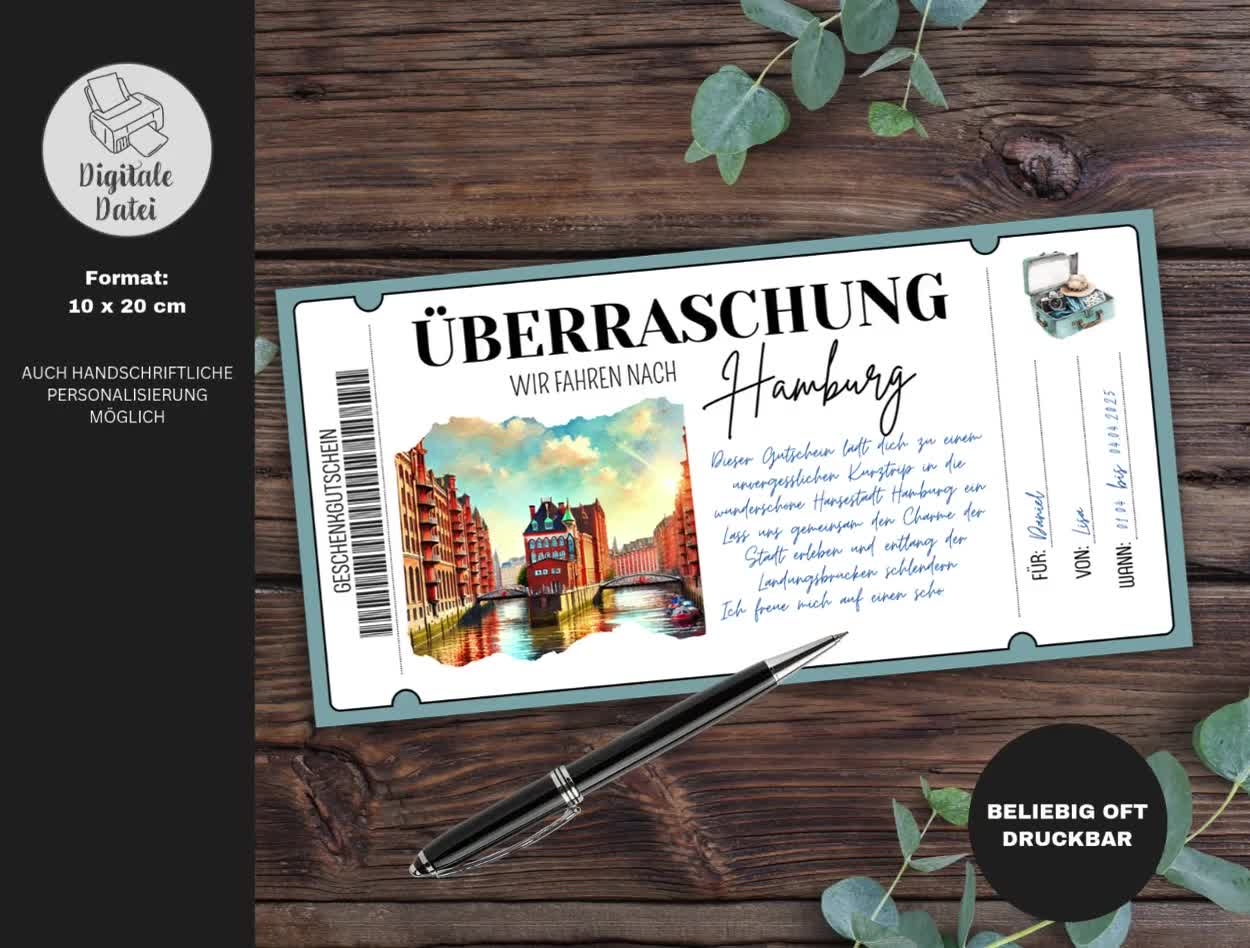 Travel Voucher Hamburg To Print Gift Voucher Short Break Gift Voucher City Trip Elbe Alster City Trip Short Break Etsy