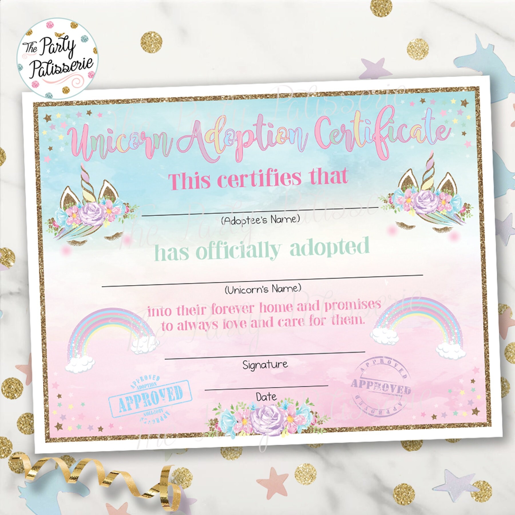 Unicorn Adoption Certificate Unicorn Birthday Printable Instant Download 2 Color Options Included Etsy