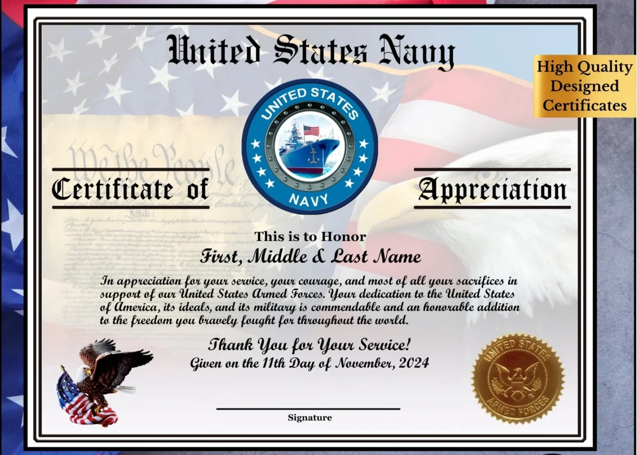 Veteran Appreciation Certificates Pack Printed Orders