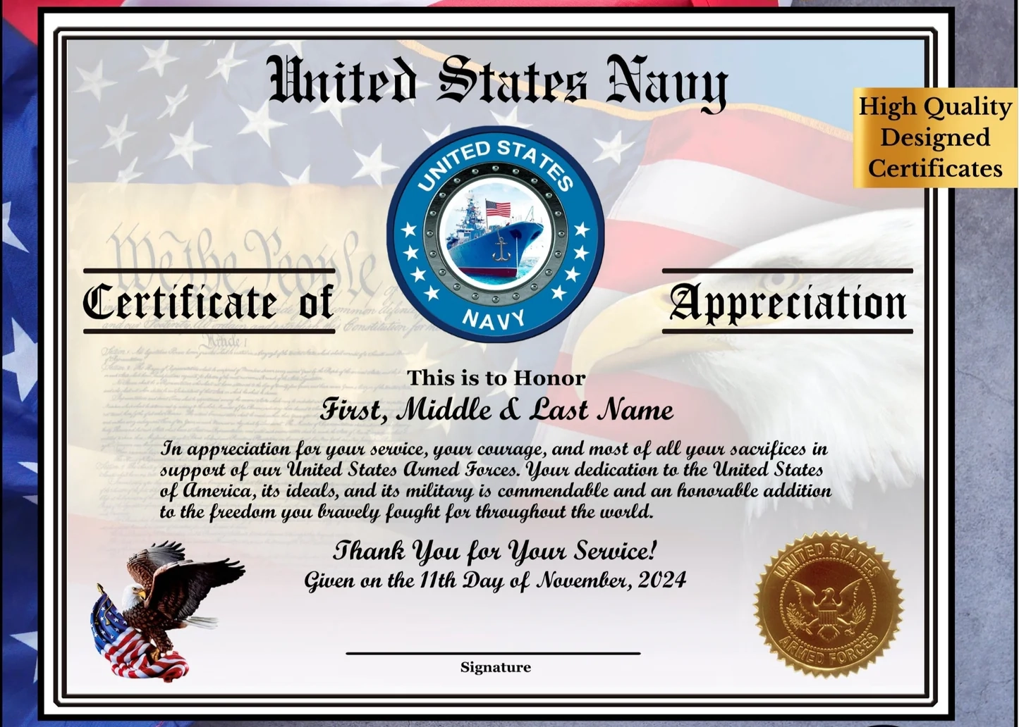 Veteran Appreciation Certificates Pack Printed Orders