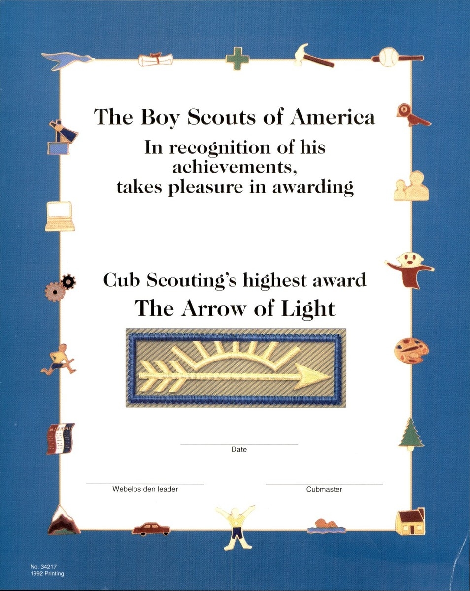 Vintage Blank Cub Scouts Certificate Of Achievements The Arrow Of Light Award EBay