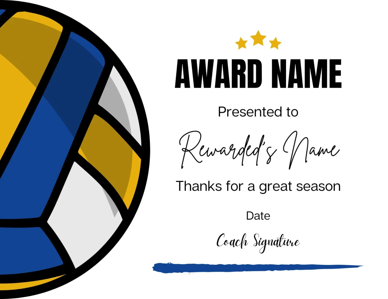 Volleyball Award Certificate Editable Canva Template Printable Award End Of Season Ceremony Volleyball Awards Volleyball Participation Etsy