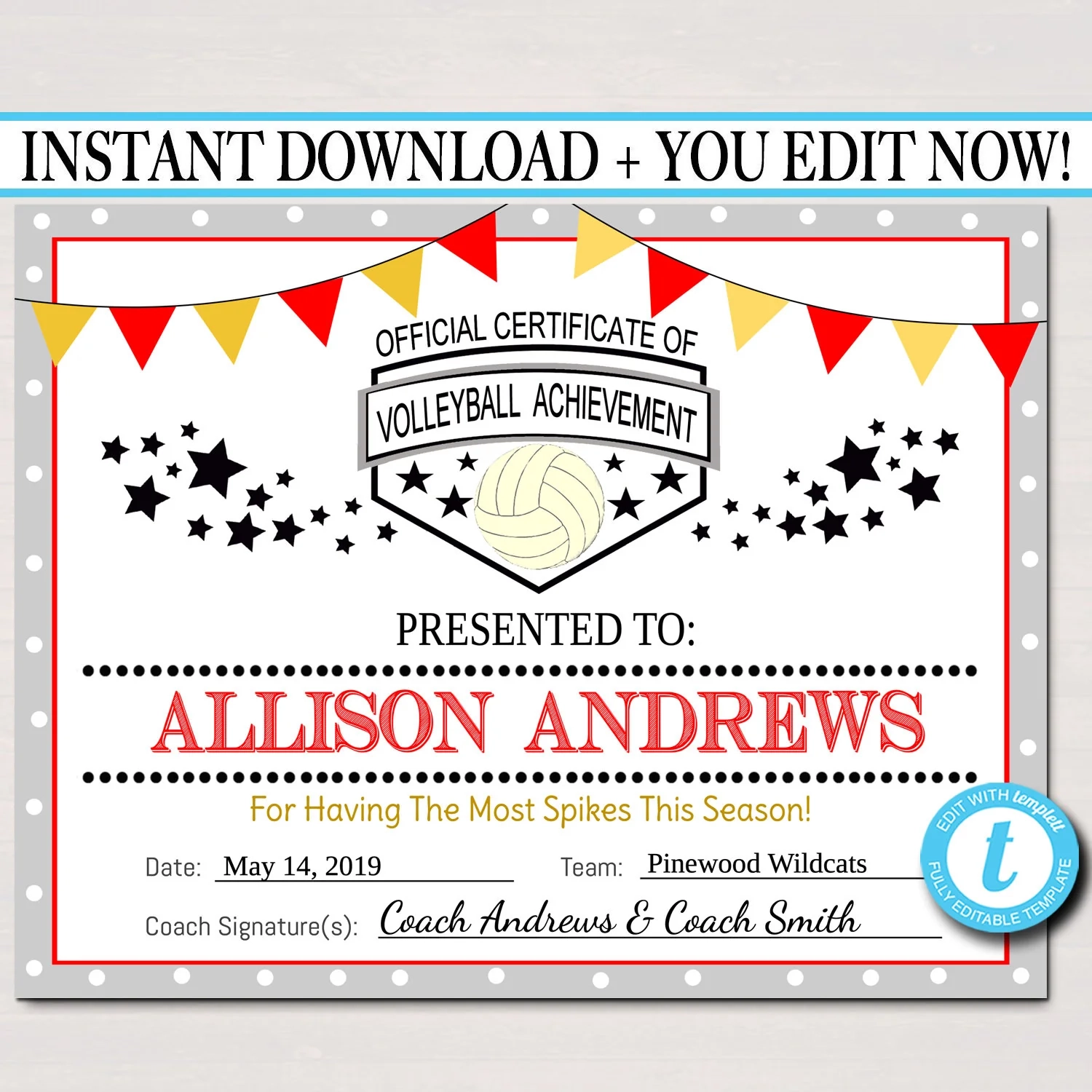 Printable Volleyball Certificates Awards