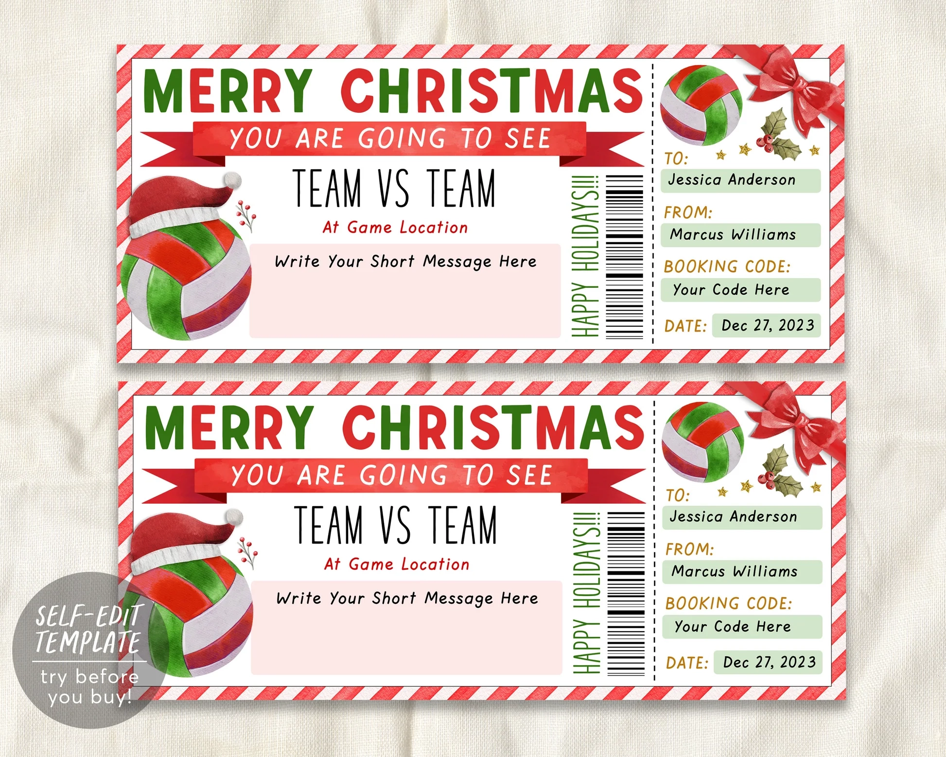Volleyball Game Christmas Gift Ticket Editable Template Christmas Sur Puff Paper Co