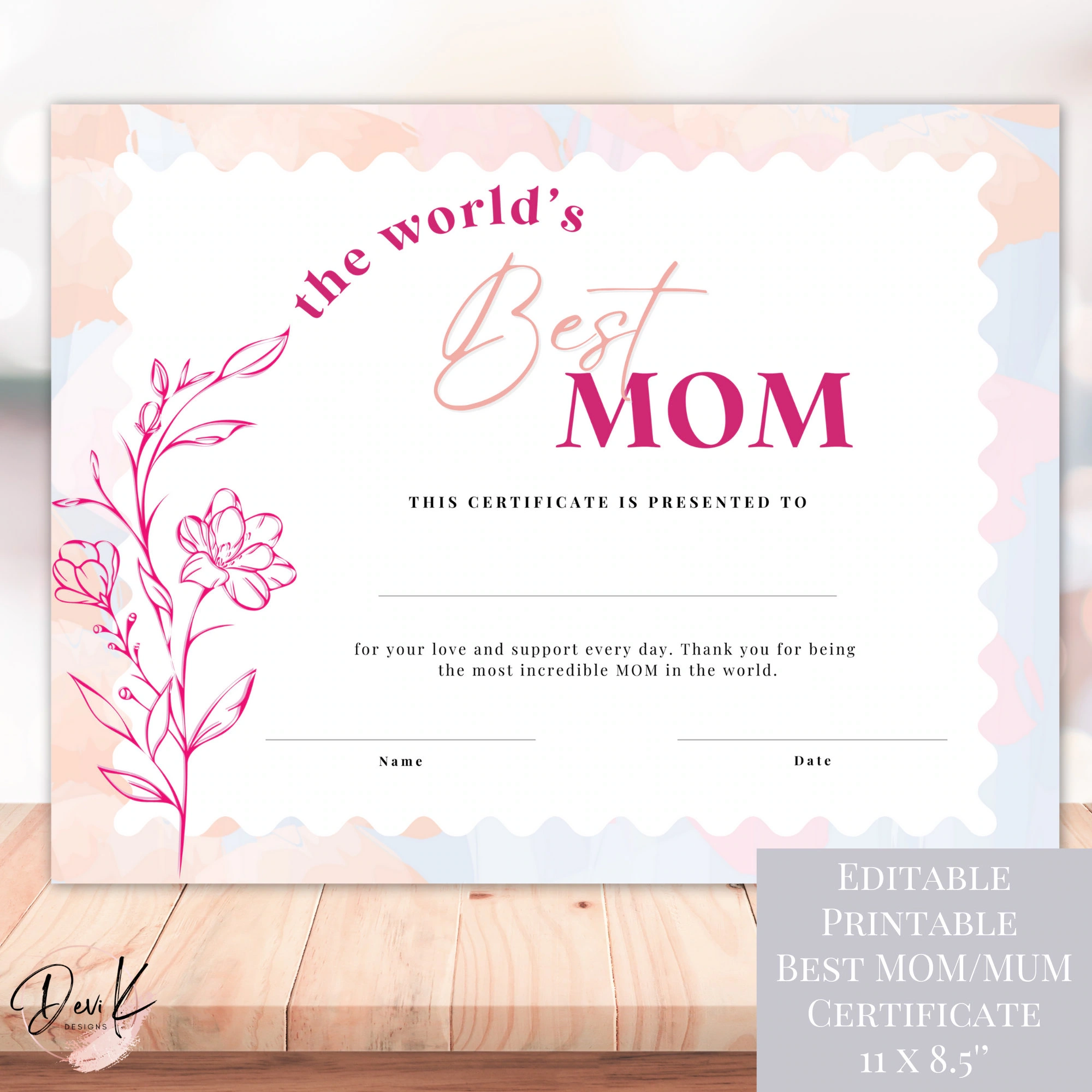 World s Best Mom Mum Certificate Editable Mother s Day Printable Personalized Mother s Day Gift Birthday Gift Gift From Kids Etsy