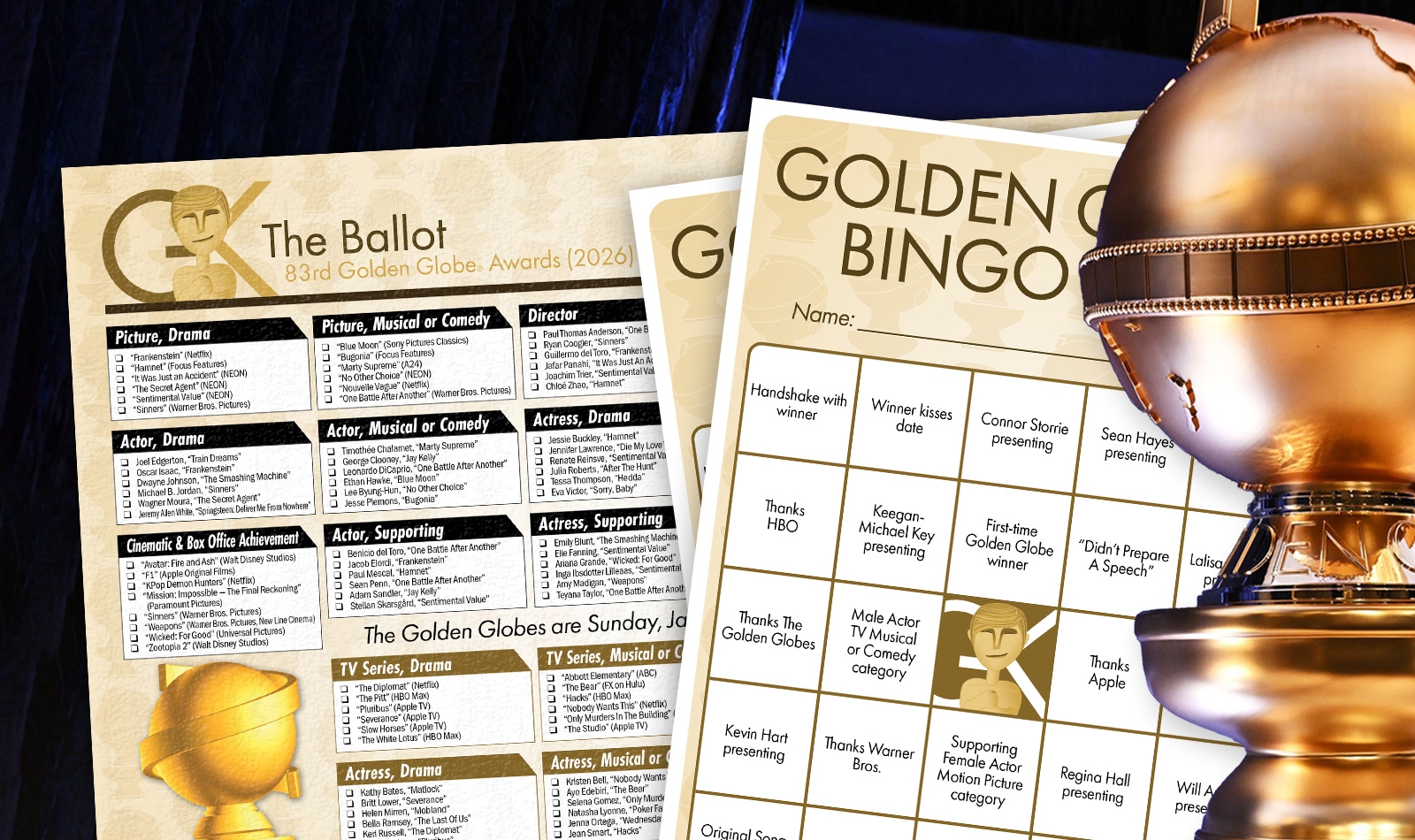 Your 2026 Golden Globes Party Essentials Printable Golden Globes Ballot And BINGO The Gold Knight Latest Academy Awards News And Insight